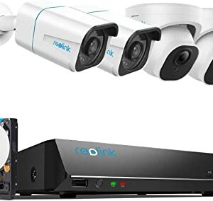 REOLINK 4K Security Camera System, 4pcs H.265 PoE Wired 4K Cameras with Person Vehicle Detection, 4K/8MP 8CH NVR with 2TB HDD for 24-7 Recording, RLK8-810B2D2-A
